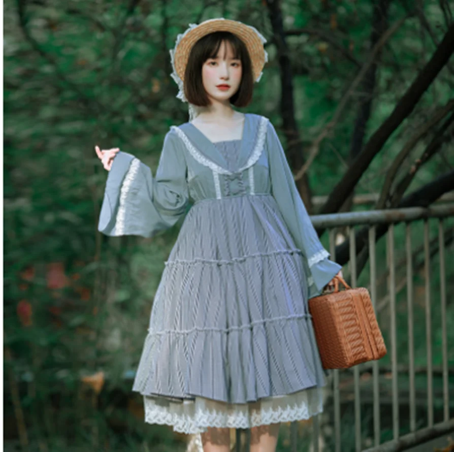 kawaii girl gothic lolita op loli Vintage sweet lolita dress lace turn-down collar lattice patchwork high waist victorian dress