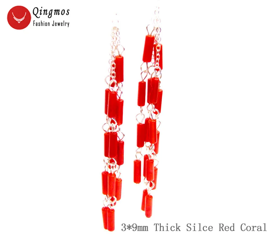 

Qingmos Fashion Natural Red Coral Earring for Women with 3*9mm Thick Slice Coral 4 Strand Dangle Earring 3'' Hook Jewelry