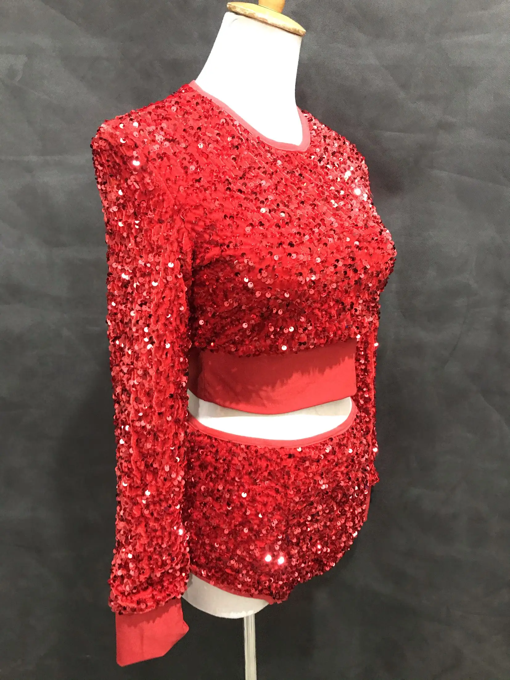 Jazz Dance Costume Red Black Glitter Sequins Tops Shorts Split 2-Piece Set Women DJ Dancer Team Singer Sexy Bar Stage Wear