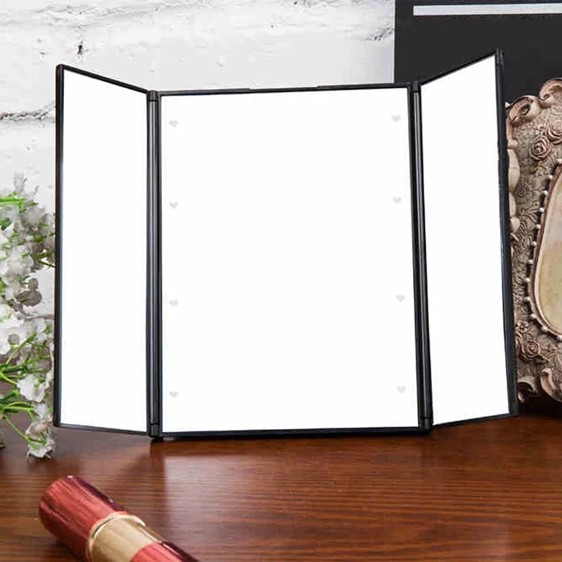 Espejo de maquillaje de tres pliegues con luz LED, espejos de bolsillo compactos de viaje portátiles, espejo cosmético plegable de viaje, espejo