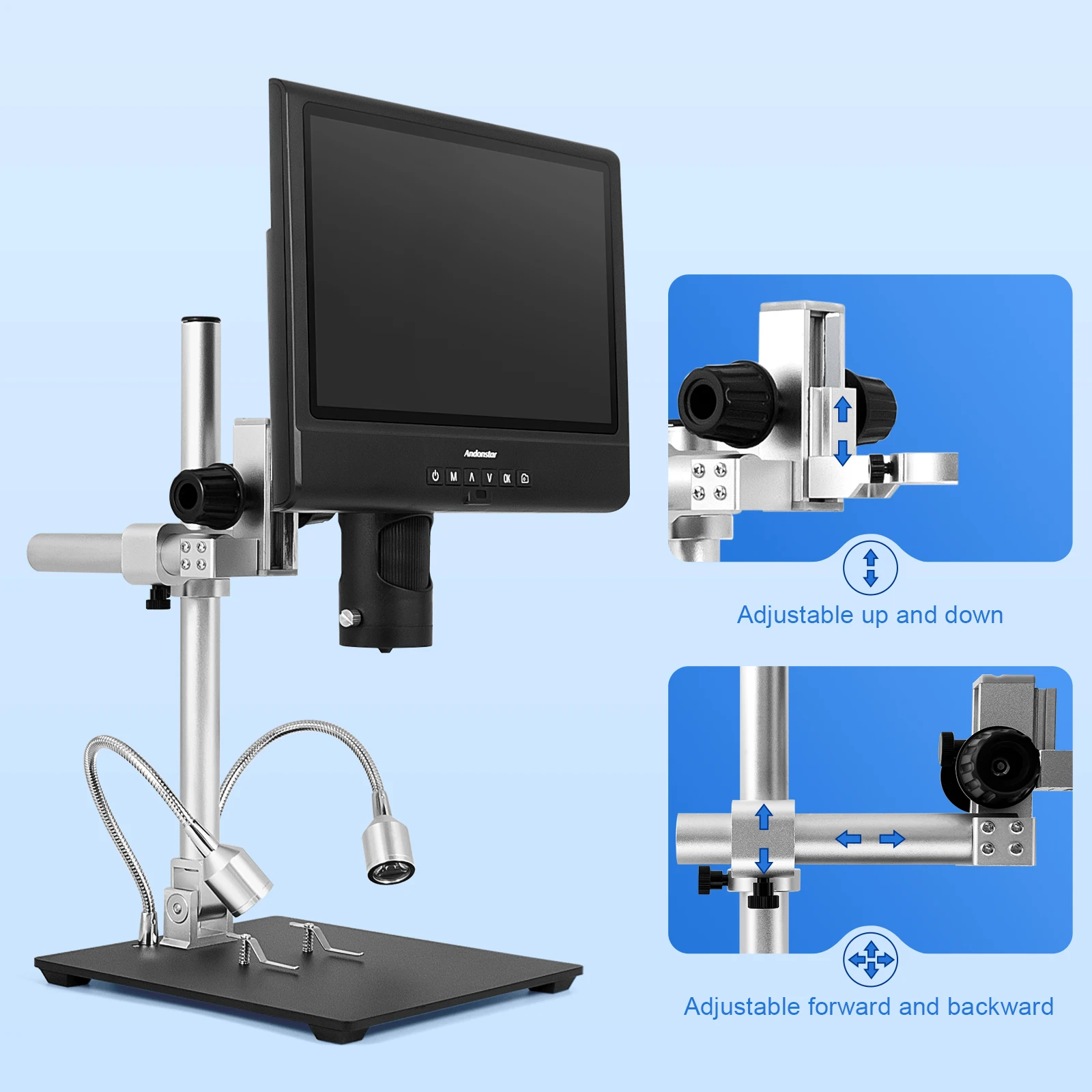 Andonstar-microscopio Digital AD249M con 3 lentes, pantalla LCD ajustable de 10 pulgadas para soldar, microscopio electrónico de vídeo de 1080P