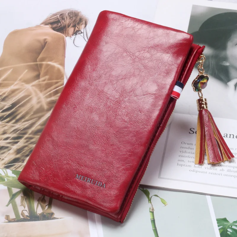 New Fashion Retro Long Buckle Ladies Wallet Coin Purse Pu Multi-card Card Bag Tassel Pendant Luxury Clutch