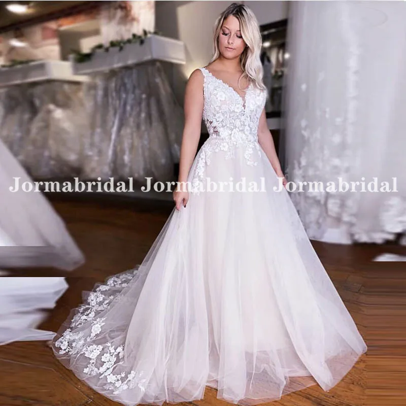 Elegant Tulle Wedding Dresses With Floral Applique V-Neck Vestido De Noiva Custom Backless Wedding Bridal Gown Beach Bride Dress