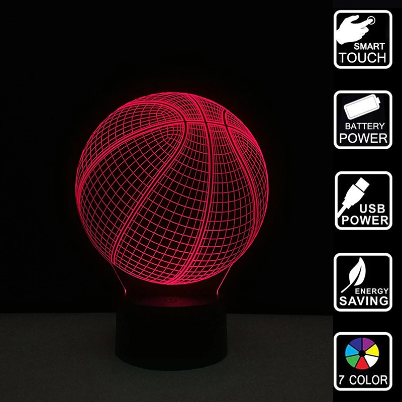 3D Optical Illusion Night Light 7 LED Color Changing Lamp Cool Soft Light Safe For Kids Solution Nightmares Basketball Sport