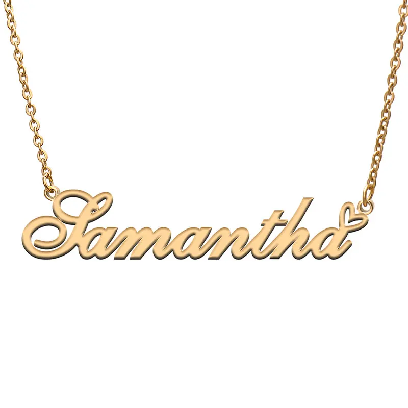 Samantha Name with Love Heart Necklace for Women Stainless Steel Jewelry Nameplate Pendant Femme Mother Child Girls Gift