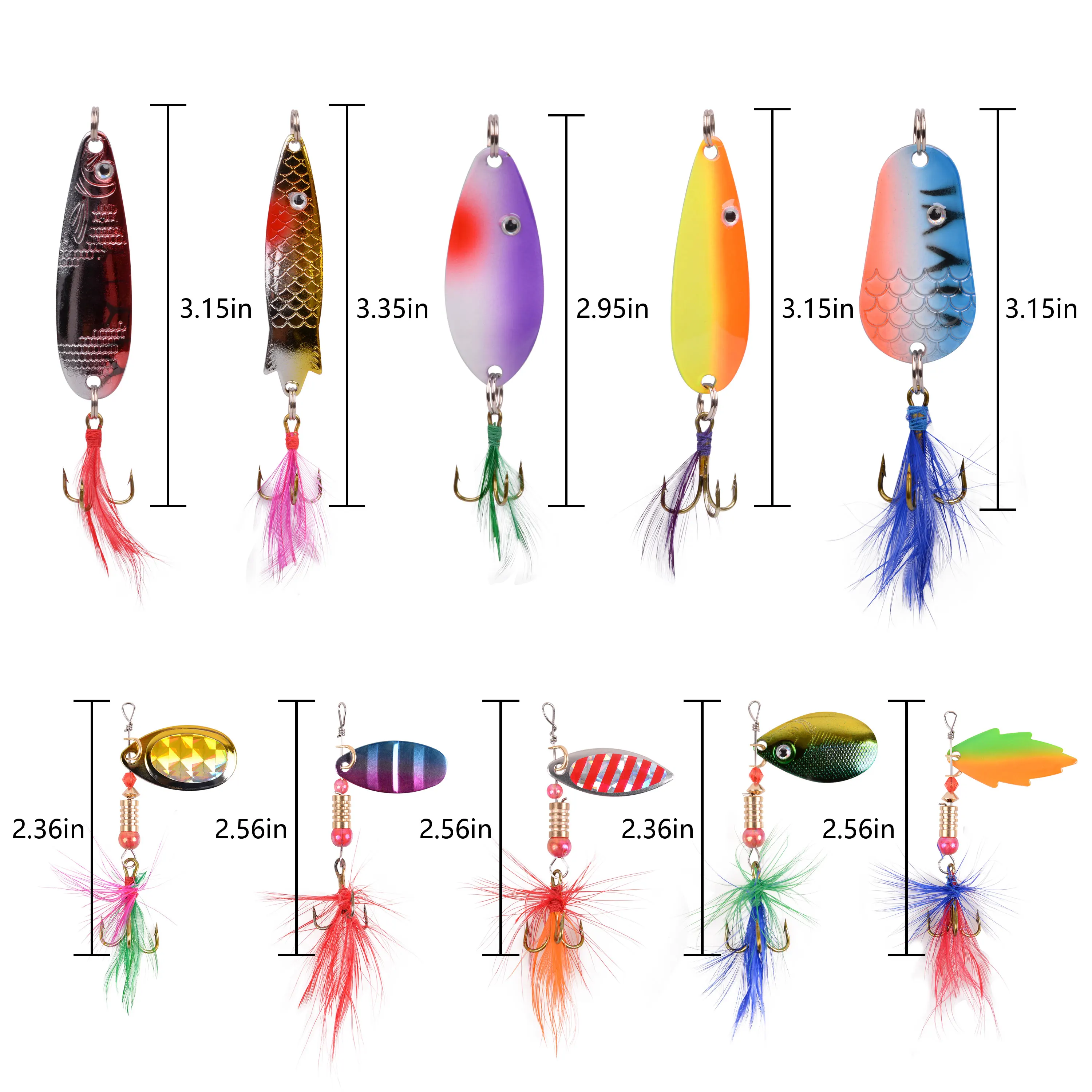 30PCS Roostertail Spinner Fishing Lures Metal Spoon Lures with Feathered Treble Hooks for Bass Walleye Trout