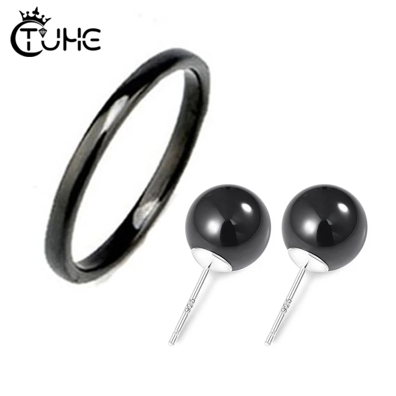 Fashion Smooth Ceramic Jewlery Set 2mm Ceramic Rings With 925 Sterling Silver Ear Pin Round Stud Earrings For Women Elegant Set