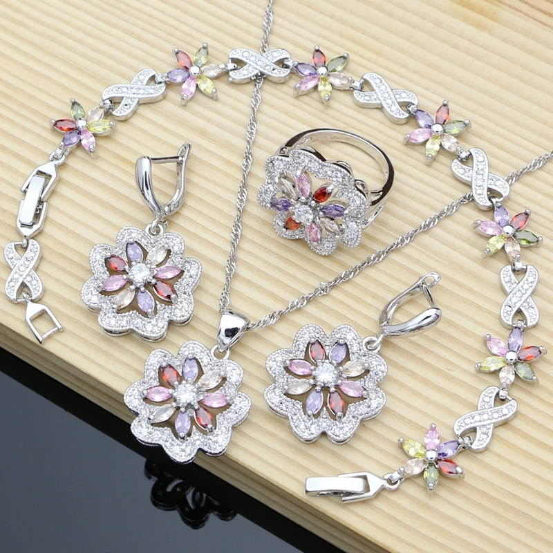 Flower Multicolor Zircon 925 Silver Jewelry Sets For Women Wedding Earrings/Pendant/Ring/Bracelet/Necklace Set