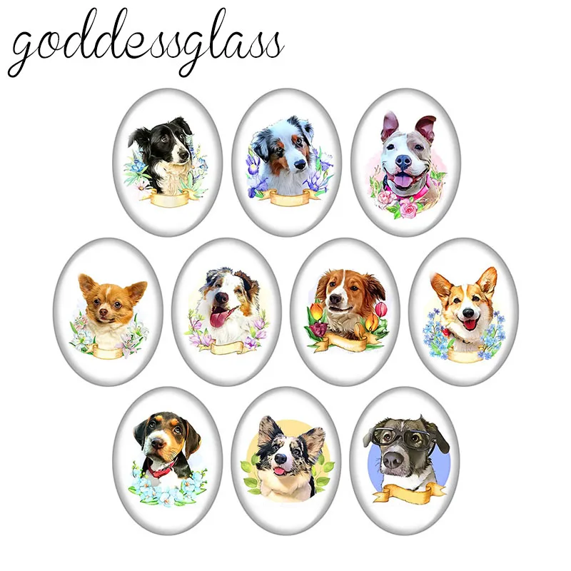 Flower Dogs Bulldog Shepherd dog 10pcs mixed 13x18mm/18x25mm/30x40mm Oval photo glass cabochon demo flat back Making findings