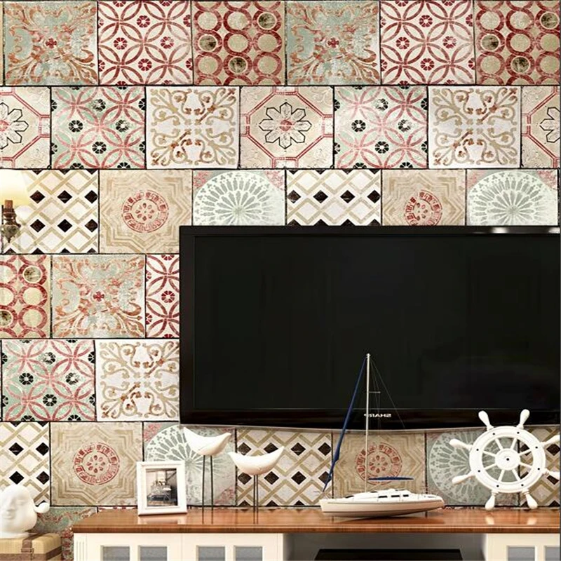 wellyu  Bohemian style wallpaper Southeast Asia Thai ethnic style imitation tile blue Mediterranean TV background wallpaper