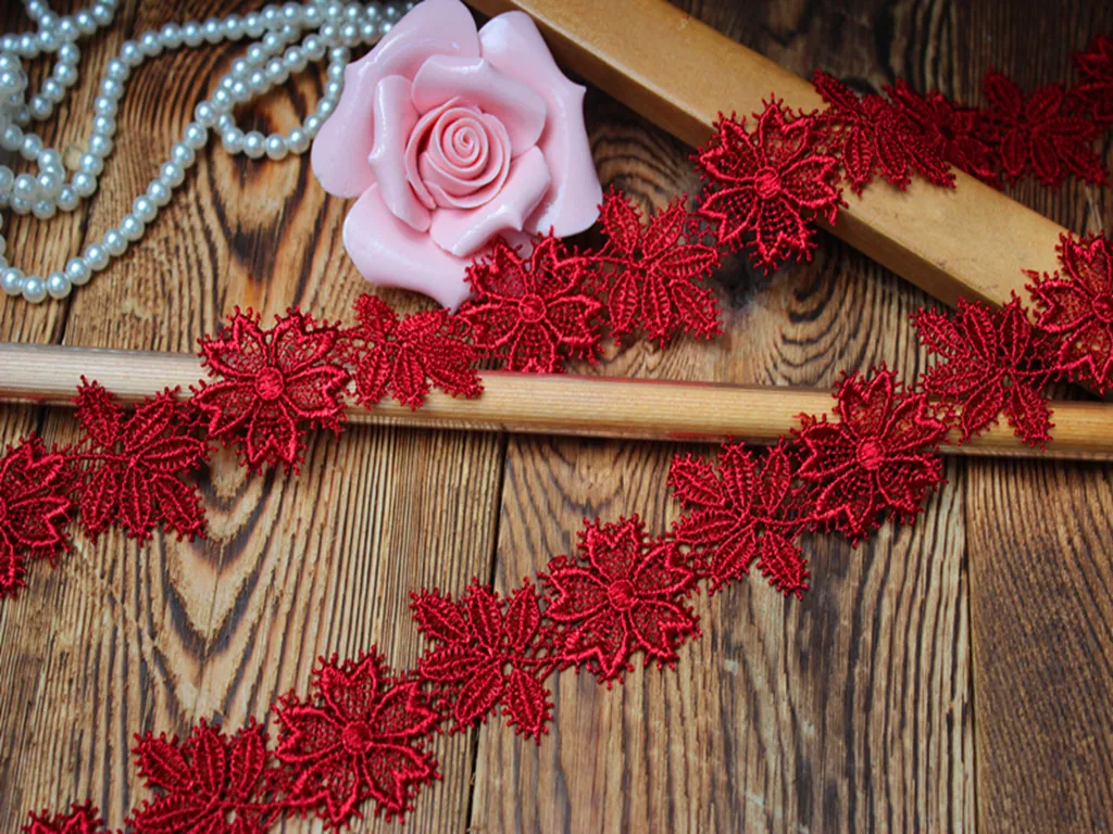 3CM Wide Wine Red Water Soluble Embroidered Ribbon 3d Flowers Lace Fabirc Trim Garment Clothing Home Sewing Decorative Material