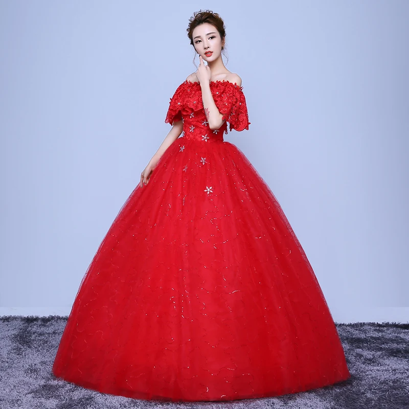 AnXin SH Princess vintage flower red luxury beading crystal boat neck ruffles lace ball gown white customized wedding dress