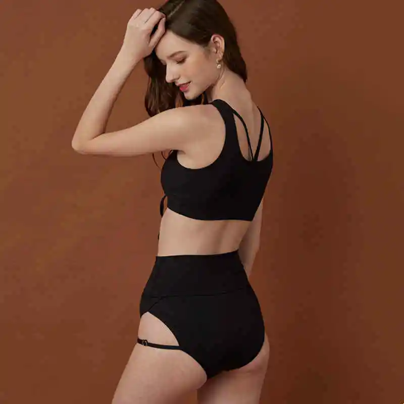 2024 New Black Sling Drawstring Elastic Tie Sexy Split Swimsuit Slim Triangle High Waist Shorts Hot Spring Temperament Strappy