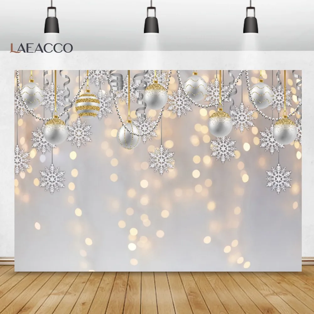 Laeacco Merry Christmas Silver Ball New Year Party Polka Dots Light Bokeh Party Poster Photozone Photo Background Photo Backdrop