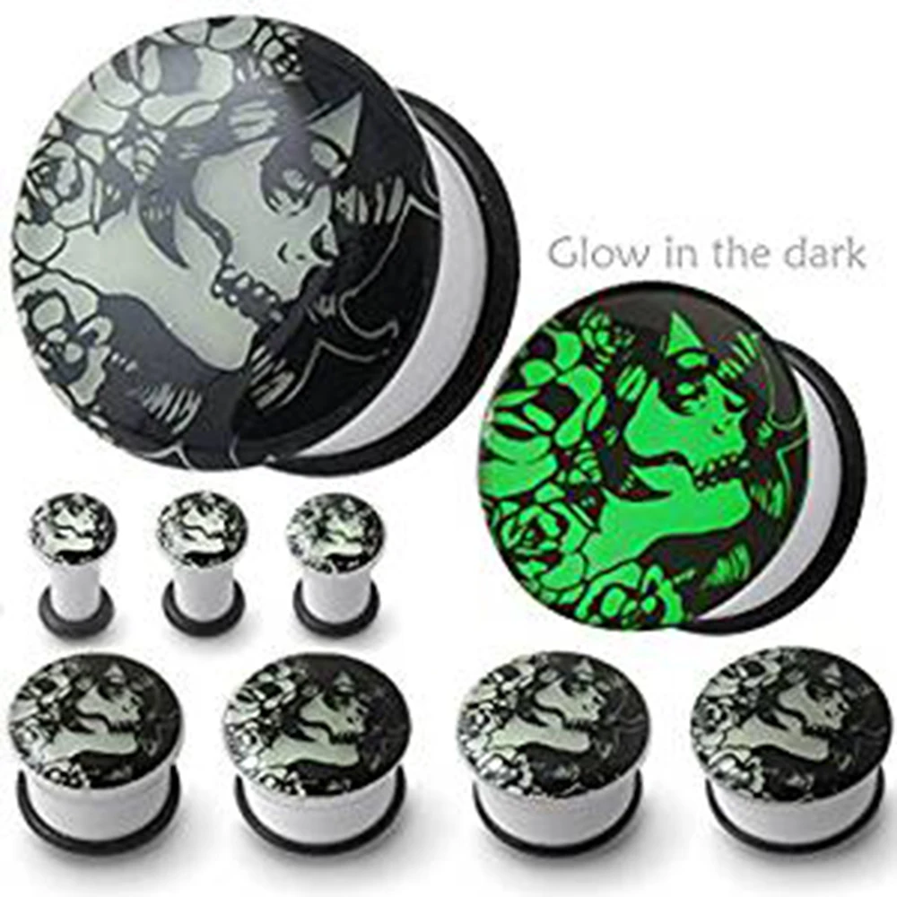 2pcs Luminous Skull Liquid Ear Plug Tunnels Glow In Dark Acrylic Flesh Tunnel Expander Lobe Stretcher Gauge Piercing Jewelry