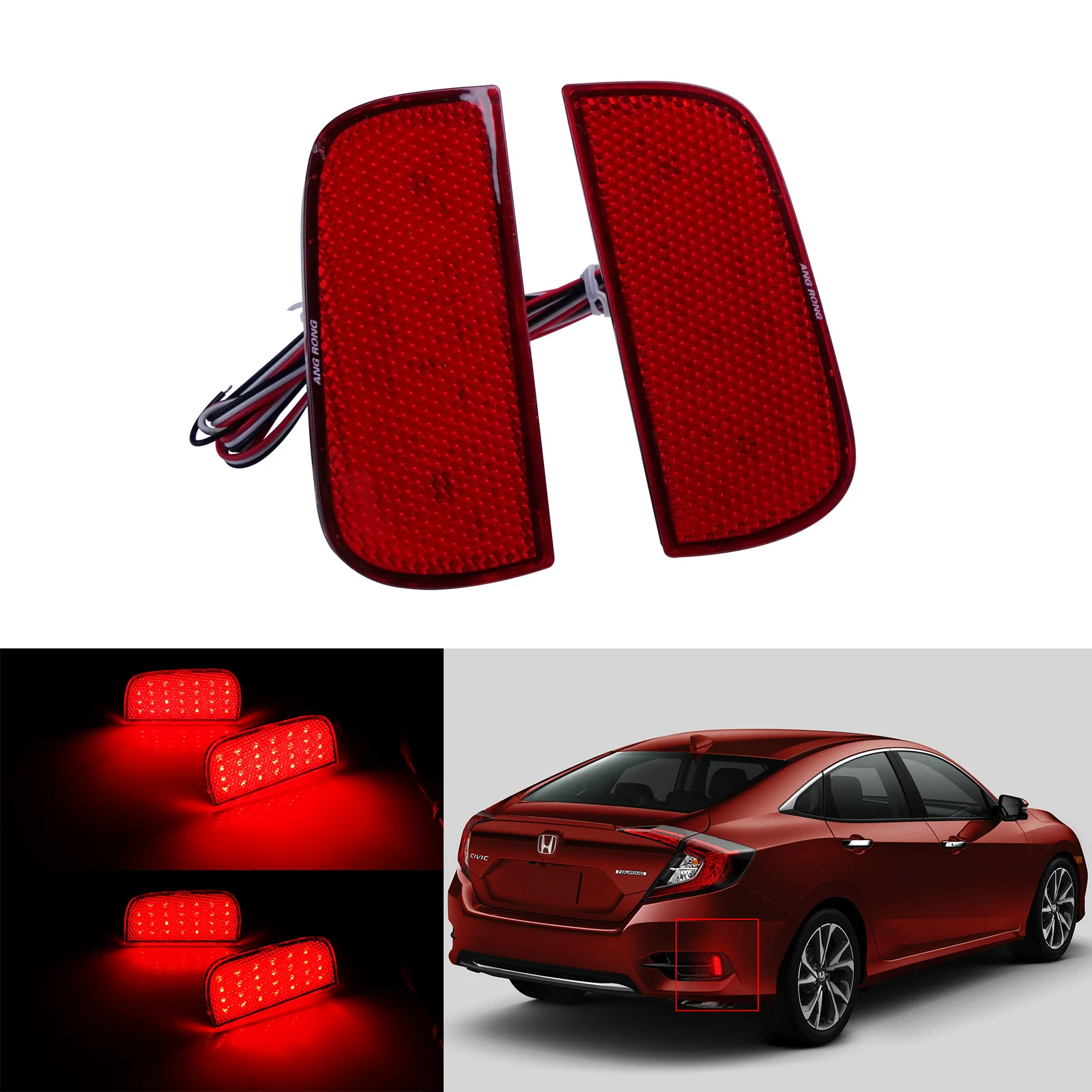 ANGRONG 2X Red LED Rear Bumper Reflector Brake Stop Light For 10th Gen Honda Civic Sedan Coupe 2016-up