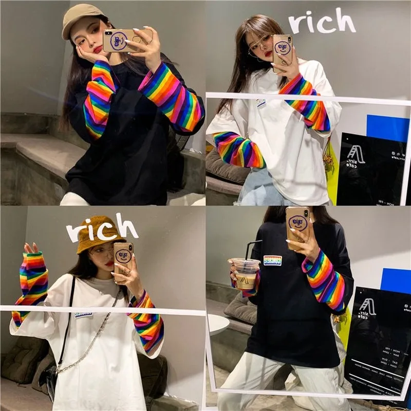 Long Sleeve Shirts Women Rainbow Striped Patch Designs Long-style Korean Leisure Hip-hop Fashion Female T-shirt Teens Preppy New