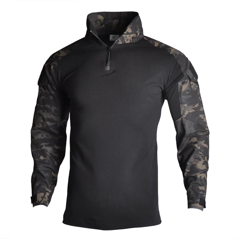 Military Army T-Shirt Men Long Sleeve Camouflage Tactical Shirt Hunt Combat Multicam Camo T Shirt with Elbow Pads