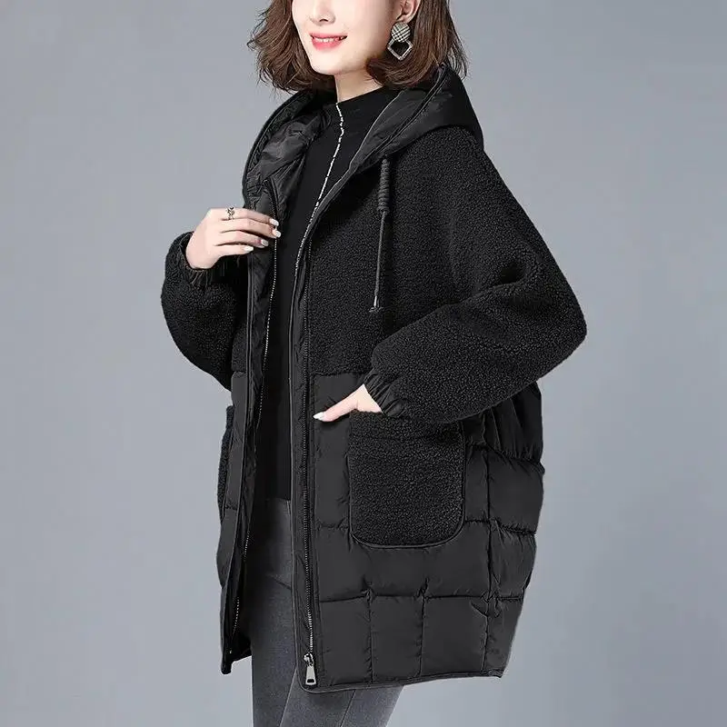 Women Padded Jackets Autumn Winter Hooded Outerwear 2022 Loose S-4XL Down Cotton Jacket Mid-Length Lamb Wool Thick Coat Female