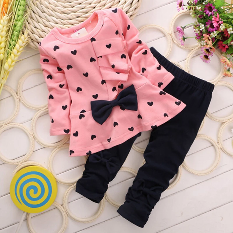 Winter Nieuwe Mode Meisjes Kleding Boog Jurk Tops Leggings Kinderen Ronde Hals Polka Dot Sport Past Baby Casual Outfit