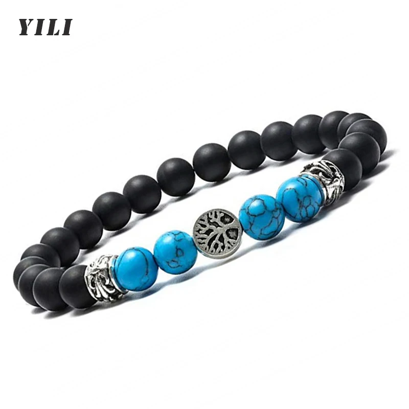 8MM Black Matte Onyx Bracelet Elastic Rope Tree of Life Turquoise Bracelet for Women Men Yoga Beads Bracelets Jewelry