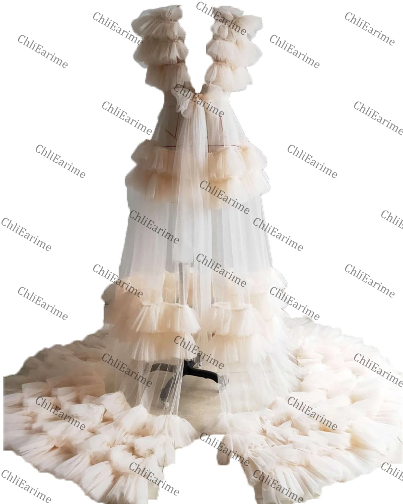 Ladies ruffled fairy chiffon tulle light luxury dress robe dress