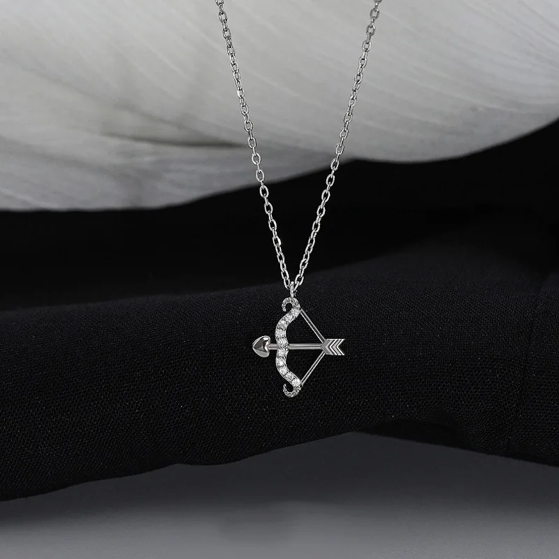 VENTFILLE Sterling Silver Fashion Love Cupid Arrow Flash Diamond Clavicle Chain Lady Pendant Bow and Arrow Necklace Jewelry Gift