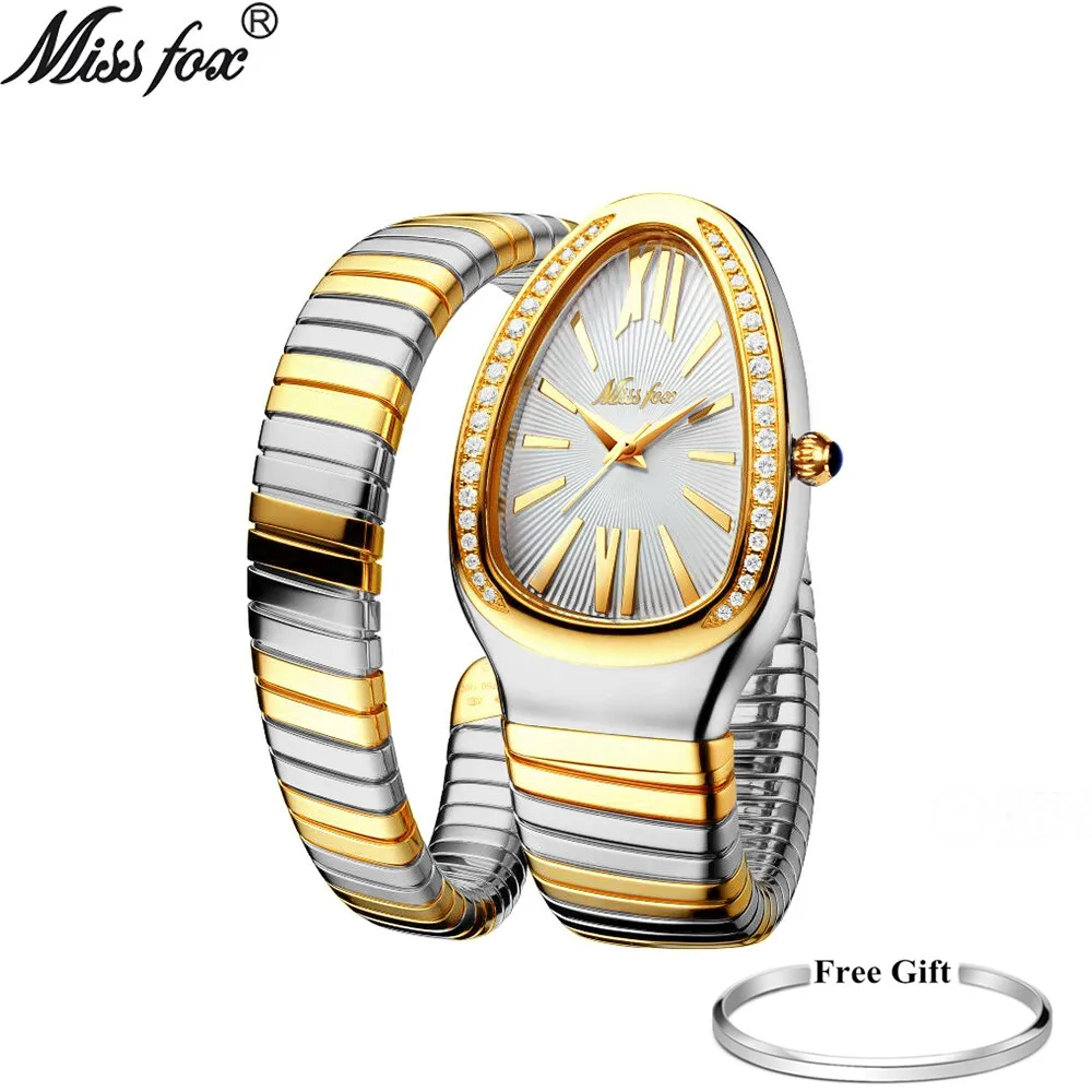 Miss Fox Brand Bracelet Watch for Women Ladies Luxury Fashion Waterproof Gold Snake Shape Quartz Wrist Watches Clock Reloj Mujer