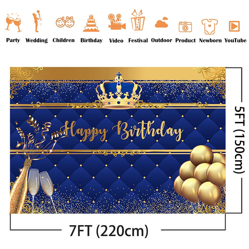 Happy Birthday Royal Blue Backdrop Crown Gold Glitter Balloons Champagne Newborn Children Theme Birthday Party Photo Booth