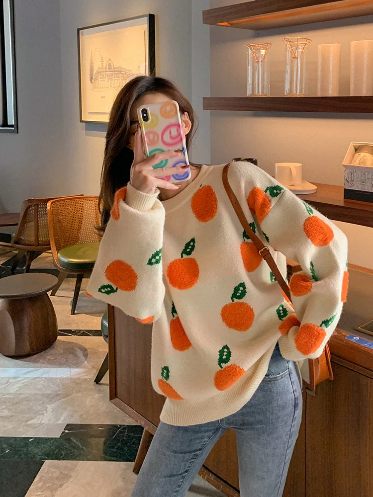 Winter Women Vintage Sweater Thick Warm Knit Pullovers Christmas Colorful Long Sleeve Orange Printed Knitted Casual Loose Top