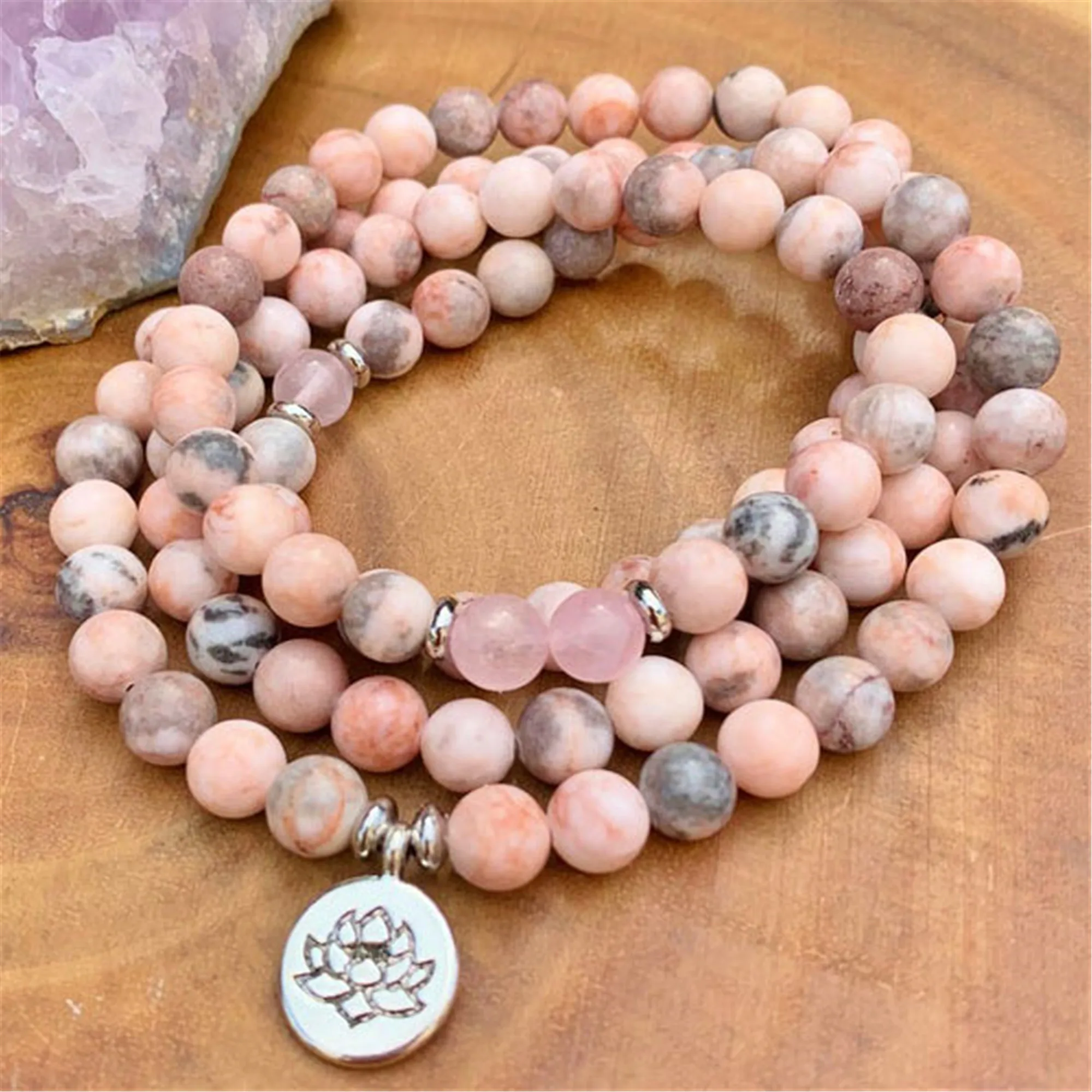 

8mm Natural Pink Zebra Jasper 108 Beads Handmade Tassel Necklace Wrist Blessing Religious Meditation Cuff Healing Men