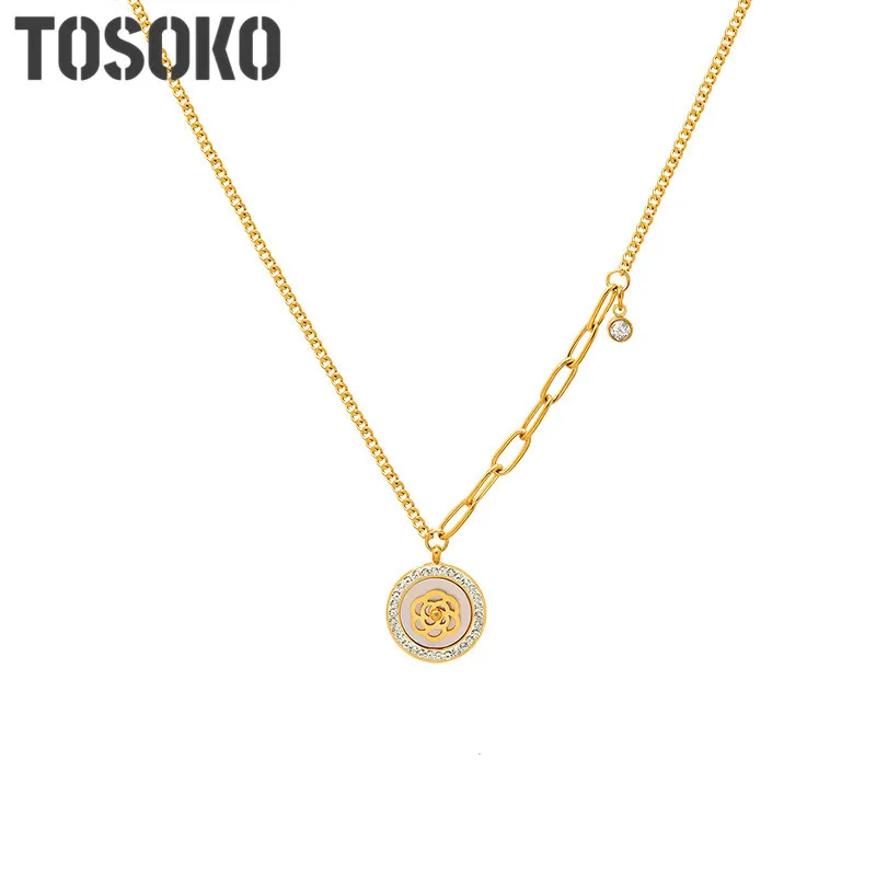 TOSOKO Stainless Steel Jewelry Rose Shell Zircon Necklace Women's Fashion Elegant Clavicle Chain BSP967