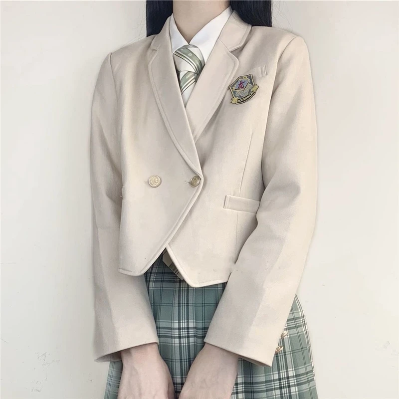 Autumn Women Badge Insignia Beige Blazer Jacket Dress Suit JK High School Uniform Students Girl Preppy Style Loose Outwear Coat