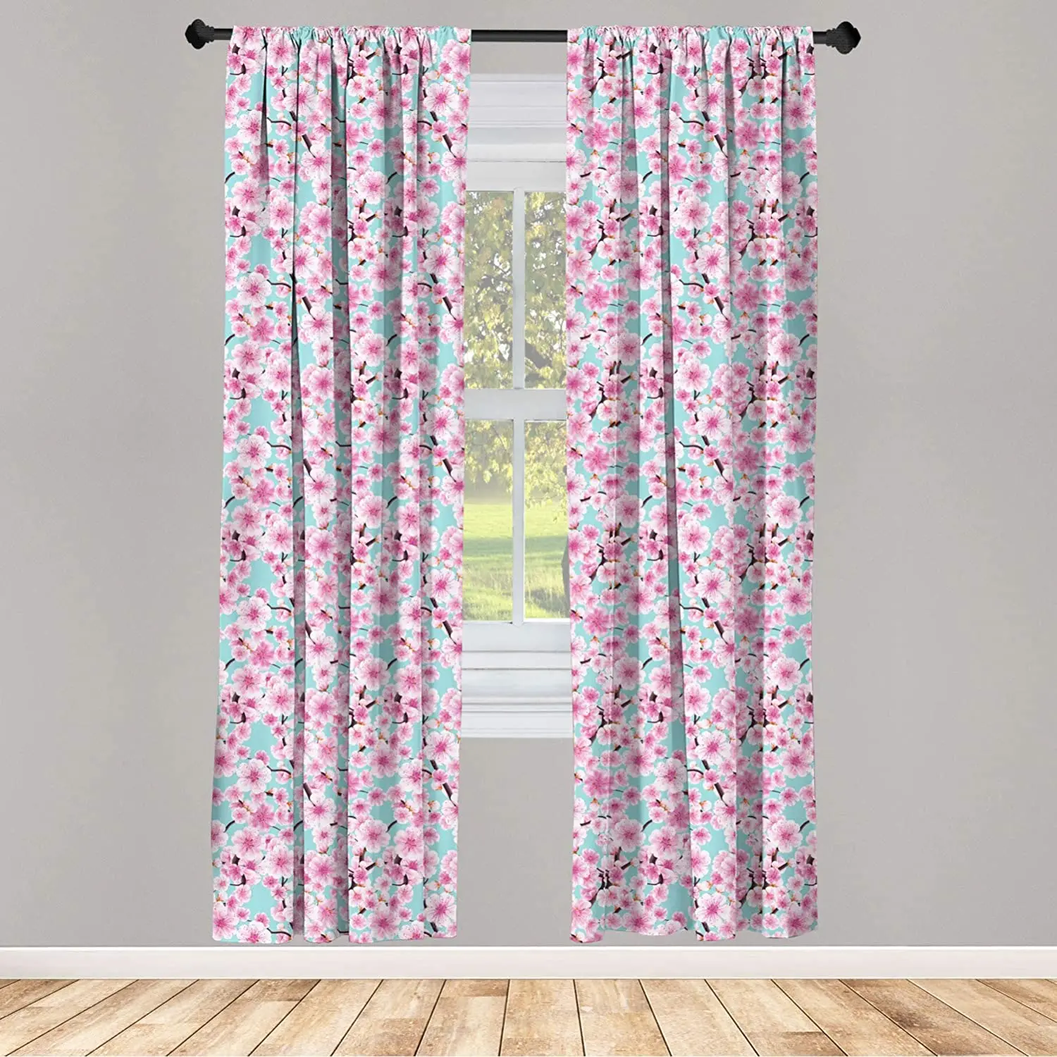 Cherry Blossom Curtain Bloomed Kwanzan Tree Flowers and Buds on Clear Sky Background Window Treatment Living Room Bedroom