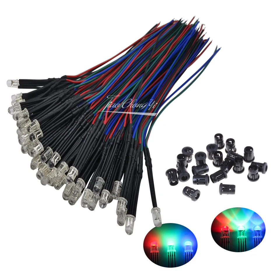 

10-50pcs 5mm DC12V RGB Multicolor LED Emitting Diode Common Anode Cathode 20cm Round Pre-Wired LED With Plastic Holder DIY