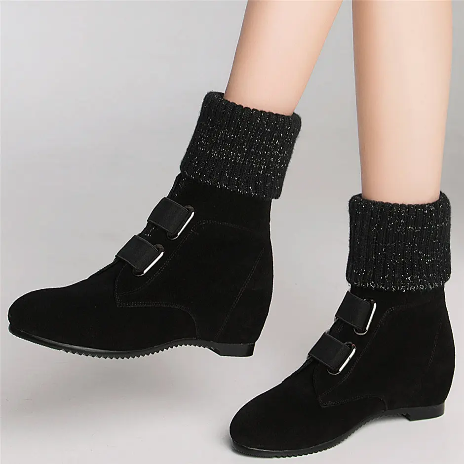 Knitting Punk Oxfords Shoes Women Genuine Leather Wedges High Heel Snow Boots Female High Top Winter Warm Platform Pumps Shoes