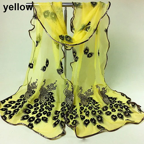 Women Fashion Peacock Flower Embroidered Lace Scarf Long Soft Wrap Shawl Stole Long Scarves Beach Cover-ups