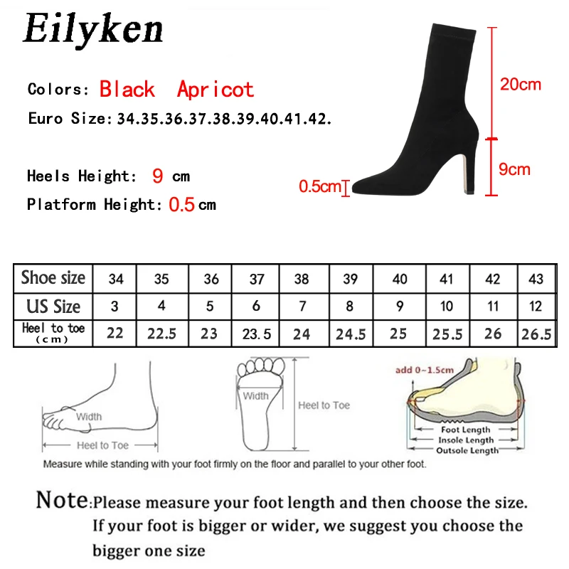 Eilyken Winter Thick Heel Sock Flock Women Boots Pointed Toe Ankle Booties Sexy Female Shoes Plus Size 34-42