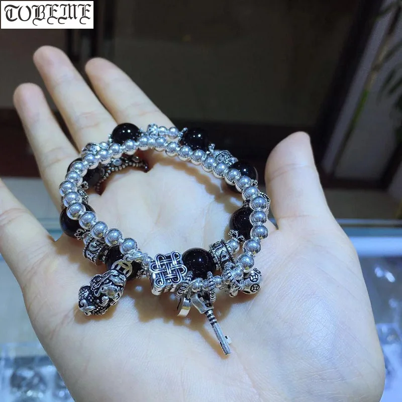 

Handmade 925 Silver Pixiu Beaded Bracelet Obsidian Beads Good Luck Bracelet Tibetan Six Words Beads Bracelet Lucky Bracelet