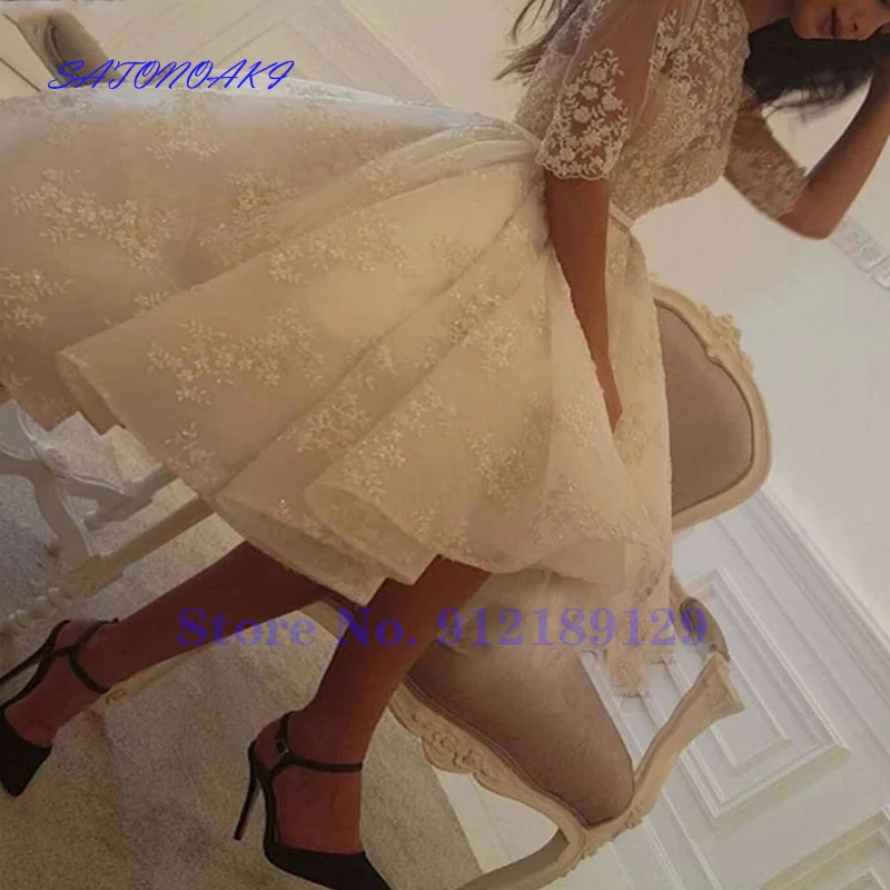 Vestido De Novia Fashion Lace White Ivory Short Wedding Dresses O-Neck Half Sleeves Tea Length Bridal Gown Robe De Mariée France