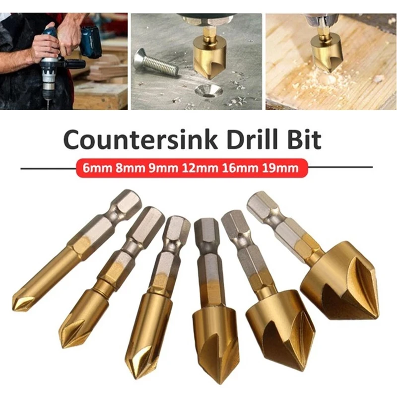 

High-speed steel chamfering drill set countersunk chamfering drill bit 1/4" hexagonal shank 90 degree wood chamfering drill