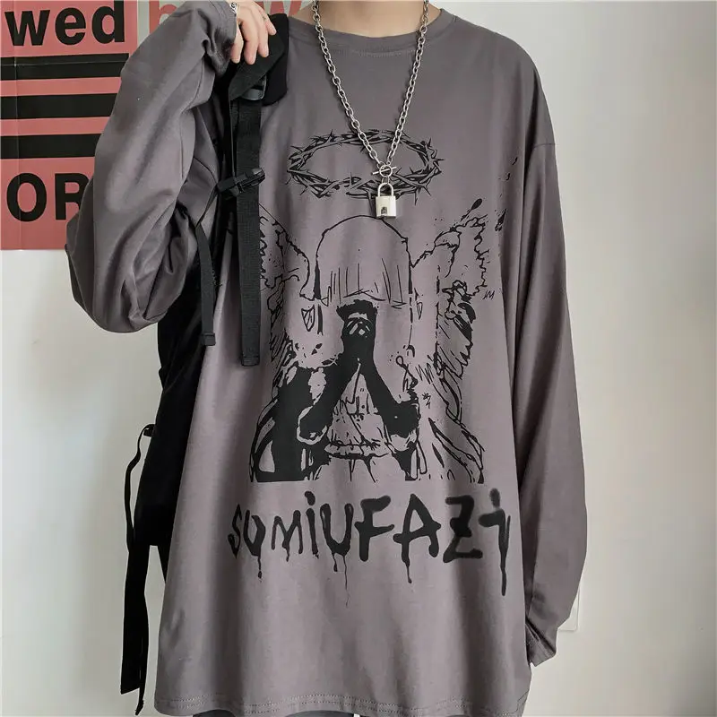 Autumn Long Sleeve T-shirt Men Gothic Print High Street O-neck Tees Oversized Dark Academia T Shirt Male Ins Fashion Unisex Top