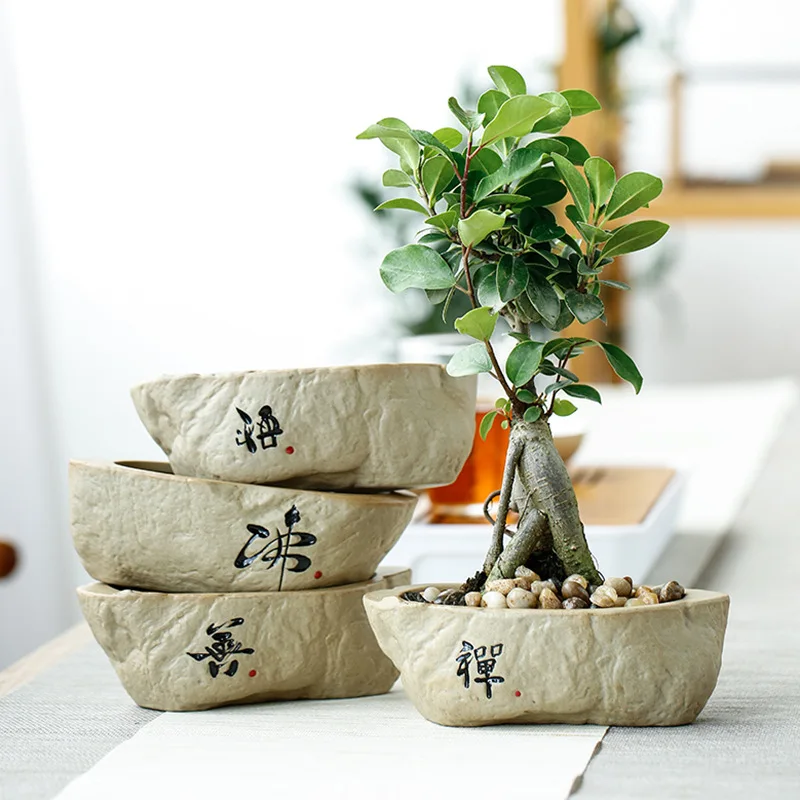 Creative Retro Wind Non-porous Perforated Plant Flower Pot Stone Pottery Green Grass Flower Flower Handwriting Flower Pot