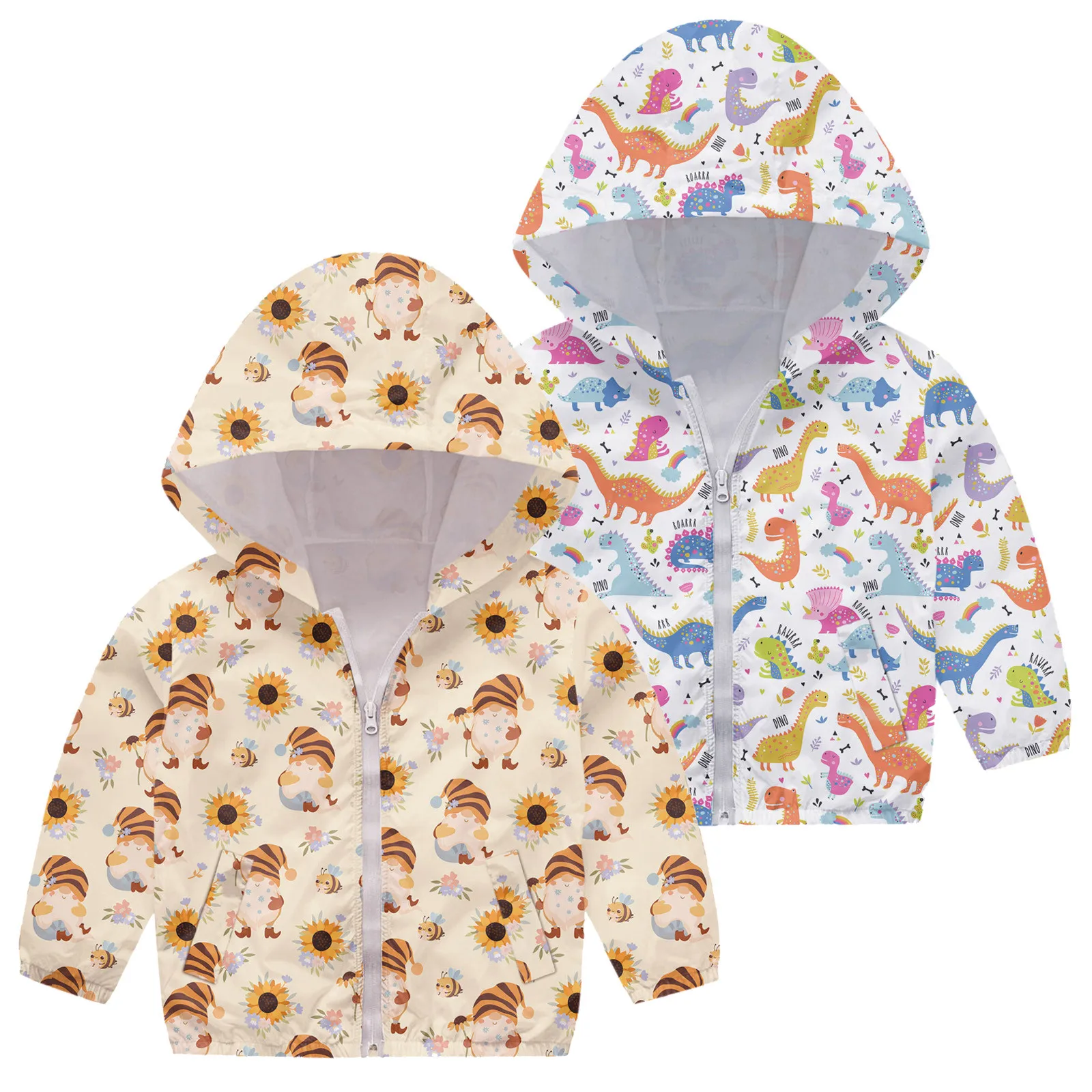 

Children Spring Long Sleeve Zipper Jacket Unisex Baby Cartoon Clothes Autumn Dinosaur Hooded Coat Windproof & Waterproof Tops