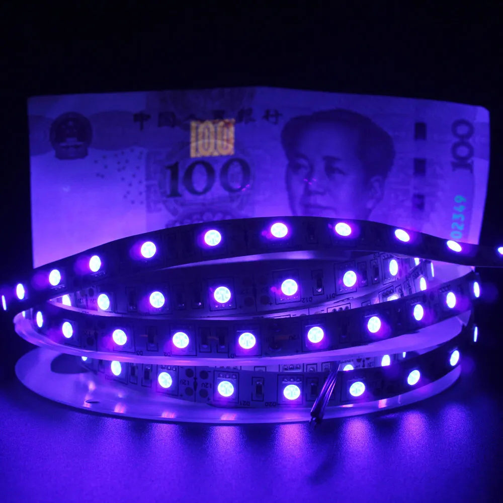 

DC12V SMD 5050 УФ-ультрафиолетовая светодиодная лента 5 м 60 светодиодов/м водонепроницаемая лента фиолетовая гибкая ультрафиолетовая лента для флуоресценции DJ