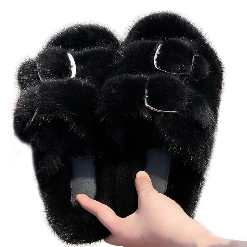 2021 New Style Ladies Mink Slippers Soft Plush Slippers Non-Slip Wear-Resistant Flat Shoes Casual Shoes Warm Indoor  Slippers