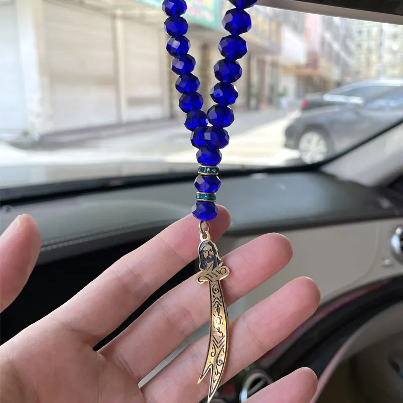 car hangings islam Zulfiqar Sword of Imam Ali Stainless Steel 33 crystal green beads tasbih Car Rear View Mirror Car Pendant