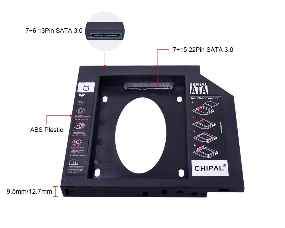 CHIPAL 2nd HDD Caddy 12.7mm 9.5mm 9mm SATA 3.0 for 2.5 Inch SSD Case Hard Disk Drive Adapter for Laptop ODD CD DVD ROM Optibay