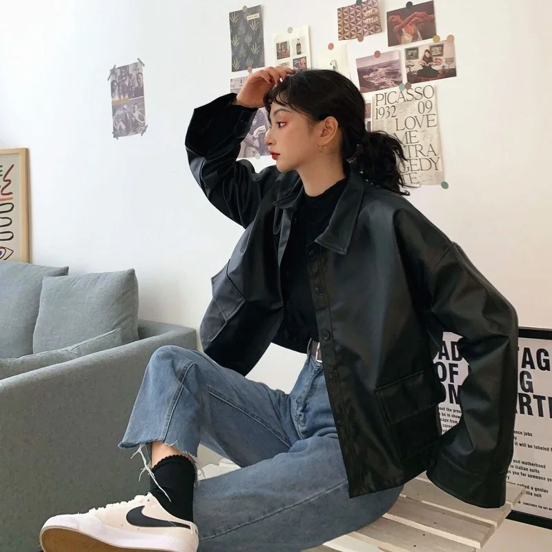 Blouson de motard en cuir noir pour femme, streetwear, décontracté, style punk, coréen, 2021