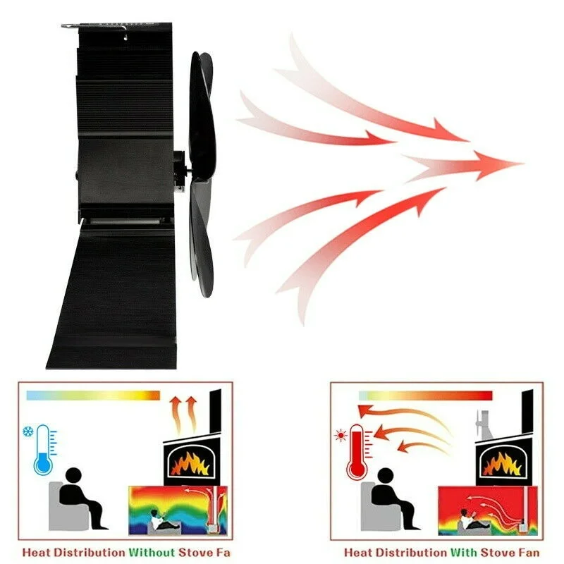 Ventilador de chimenea o estufa de 4 aspas para uso en el hogar, sistema de ventilación para quemador de madera, tranquilo, color negro, con